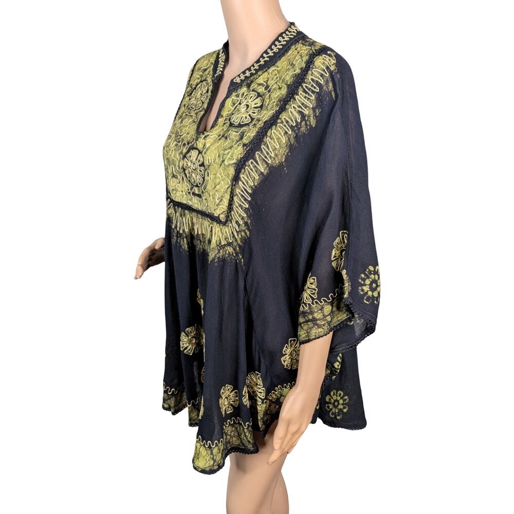 Fashion Terminal Lime Green Black Batik Caftan Tunic Top OS Embroidered Batwing - Picture 5 of 8